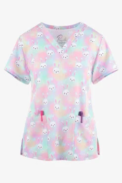 Maevn Funny Bunnies Women's Tie Dye 3-Pocket STRETCH V-Neck Print Scrub Top