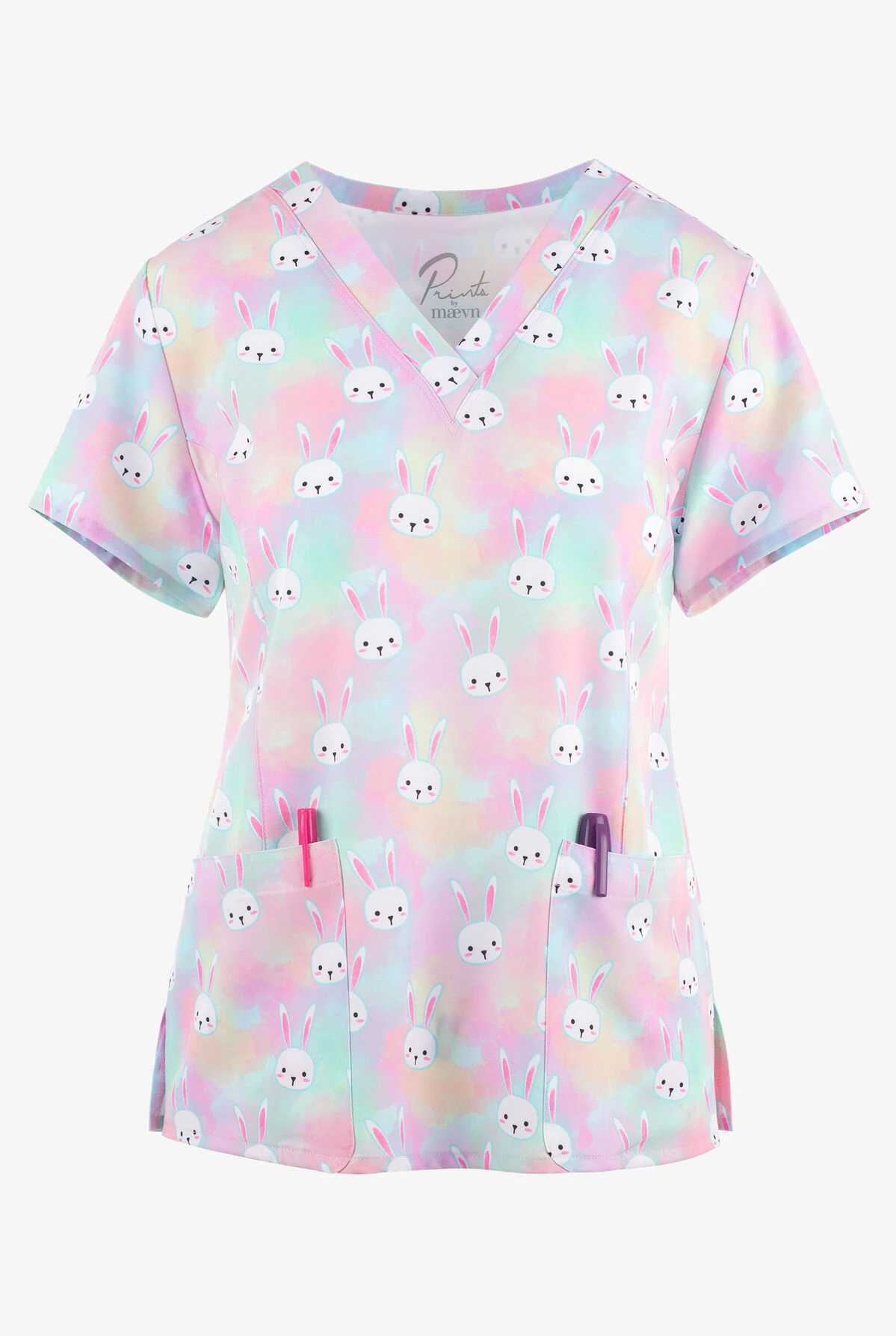 Maevn Funny Bunnies Women's Tie Dye 3-Pocket STRETCH V-Neck Print Scrub Top 1 Maevn Funny Bunnies Women's Tie Dye 3-Pocket STRETCH V-Neck Print Scrub Top