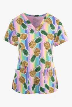 Maevn Mad About Pineapples Women's 3-Pocket STRETCH V-Neck Print Scrub Top