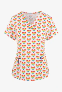 Maevn Peace, Love, And Rainbows Women's 3-Pocket STRETCH V-Neck Print Scrub Top