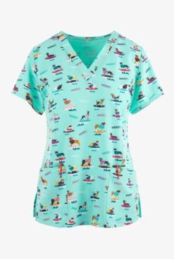 Maevn Surf's Up Dogs Women's 3-Pocket STRETCH V-Neck Print Scrub Top