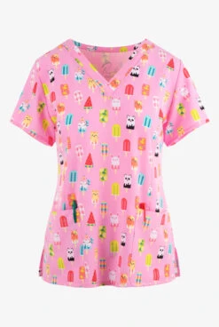 Maevn Sweet Summer Popsicles Women's 3-Pocket STRETCH V-Neck Print Scrub Top