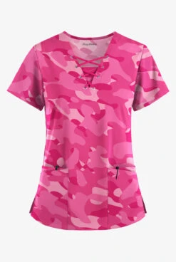 Easy Stretch By Butter-Soft Cloud Camo Flirt Women's 4-Pocket Lace Up V-Neck Printed Scrub Top