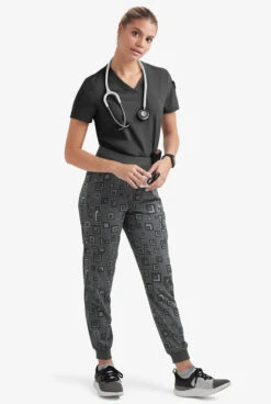 Easy STRETCH By Butter-Soft™ Cuff Floating Tiles Pewter Women’s 5-Pocket Jogger Print Scrub Pants -Clinic Love Style PBU287TPF 8