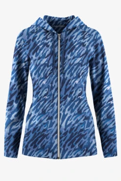 Easy Stretch By Butter-Soft Abstract Animal Navy Women's 5-Pocket Zip-Front Print Scrub Hoodie