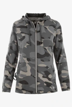 Easy STRETCH By Butter-Soft™ Cloud Camo Pewter Women's 5-Pocket Zip-Front Print Scrub Hoodie