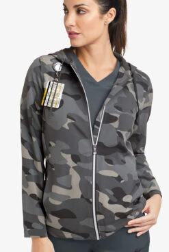 Easy STRETCH By Butter-Soft™ Cloud Camo Pewter Women's 5-Pocket Zip-Front Print Scrub Hoodie -Clinic Love Style PBU392PCL 3 HV S
