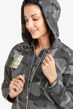 Easy STRETCH By Butter-Soft™ Cloud Camo Pewter Women's 5-Pocket Zip-Front Print Scrub Hoodie -Clinic Love Style PBU392PCL 6