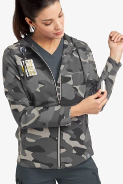 Easy STRETCH By Butter-Soft™ Cloud Camo Pewter Women's 5-Pocket Zip-Front Print Scrub Hoodie -Clinic Love Style PBU392PCL 7