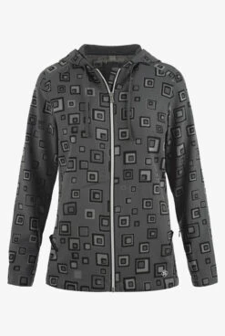 Easy STRETCH By Butter-Soft™ Floating Tiles Pewter Women's 5-Pocket Zip-Front Print Scrub Hoodie