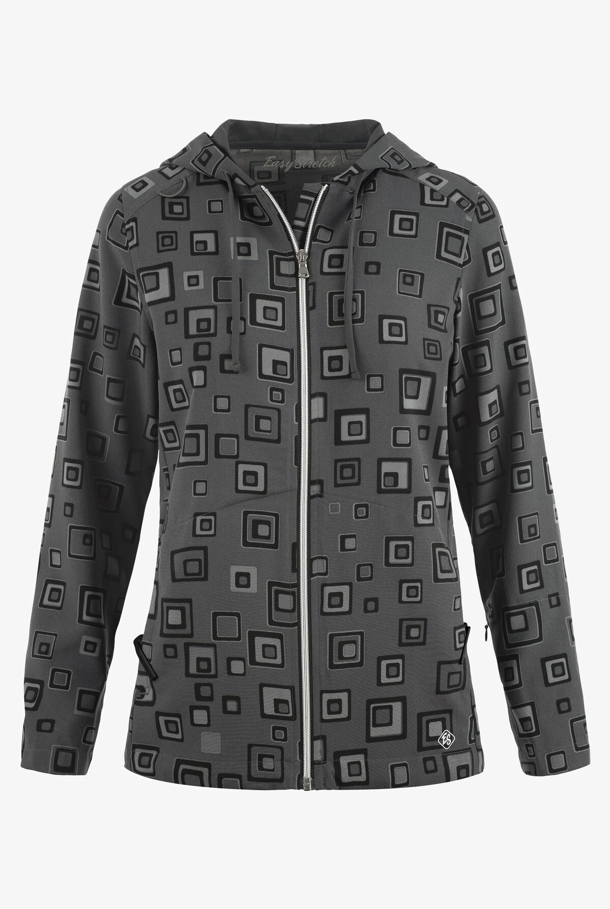Easy STRETCH By Butter-Soft™ Floating Tiles Pewter Women's 5-Pocket Zip-Front Print Scrub Hoodie 1 Easy STRETCH By Butter-Soft™ Floating Tiles Pewter Women's 5-Pocket Zip-Front Print Scrub Hoodie
