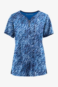 Easy STRETCH By Butter-Soft Abstract Animal Navy Women's 4-Pocket Zip Curved Neck Printed Scrub Top