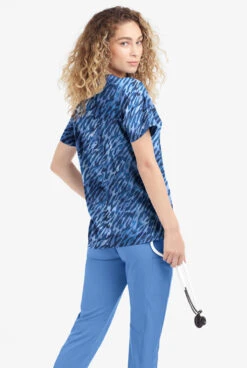 Easy STRETCH By Butter-Soft Abstract Animal Navy Women's 4-Pocket Zip Curved Neck Printed Scrub Top -Clinic Love Style PBU4236AANV 3