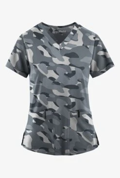 Easy Stretch By Butter-Soft Cloud Camo Pewter Women's 2-Pocket Mitered V-Neck Printed Scrub Top