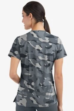 Easy Stretch By Butter-Soft Cloud Camo Pewter Women's 2-Pocket Mitered V-Neck Printed Scrub Top -Clinic Love Style PBU434PCL 3