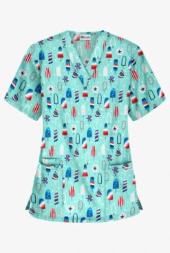 Best Buy Ice Cream Celebration Blue Women's 3-Pocket V-Neck Print Scrub Top