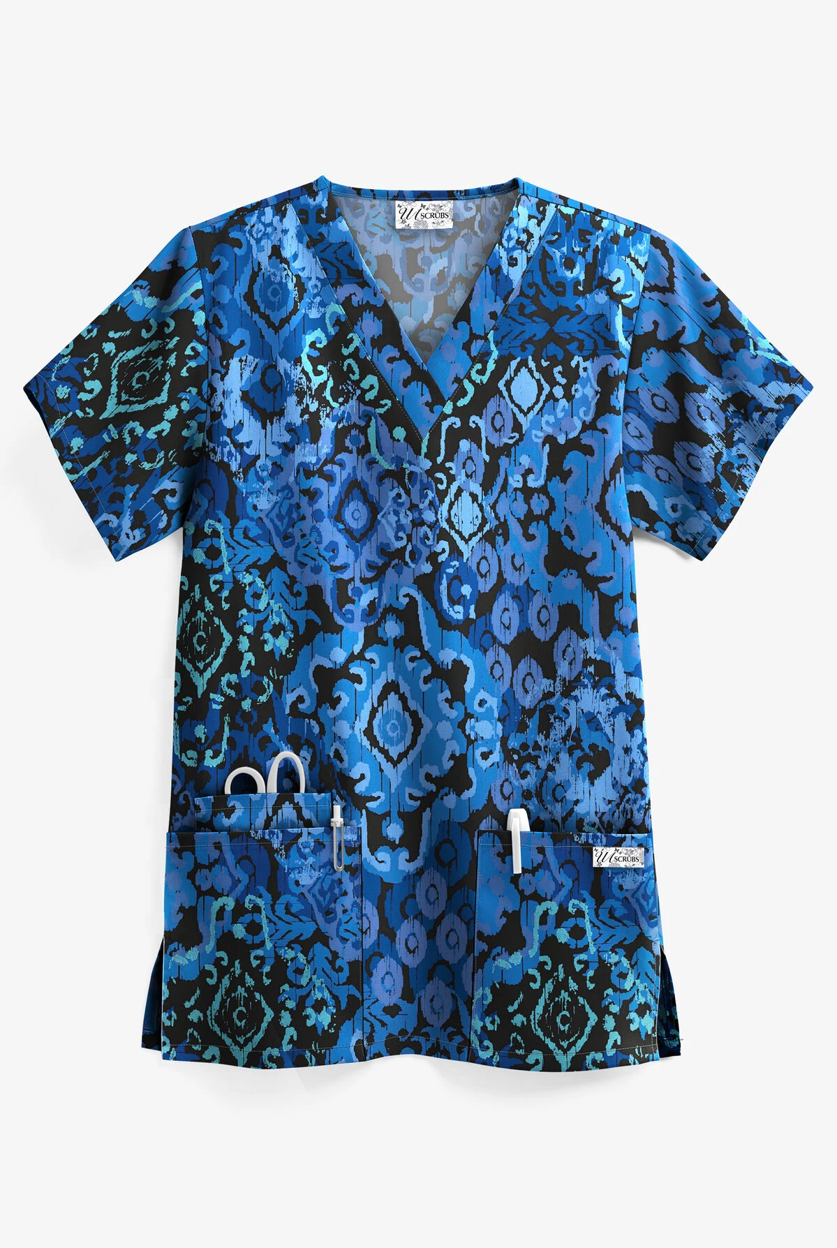 UA Ikat Paradise Black Printed Women's 3-Pocket V-Neck Scrub Top 1 UA Ikat Paradise Black Printed Women's 3-Pocket V-Neck Scrub Top