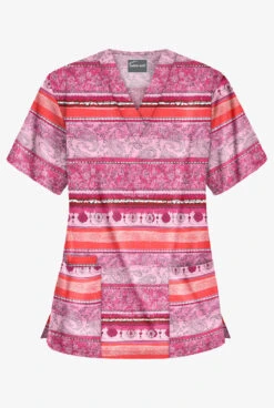 Butter-Soft Delhi Stripe Red Women's 3-Pocket V-Neck Print Scrub Top
