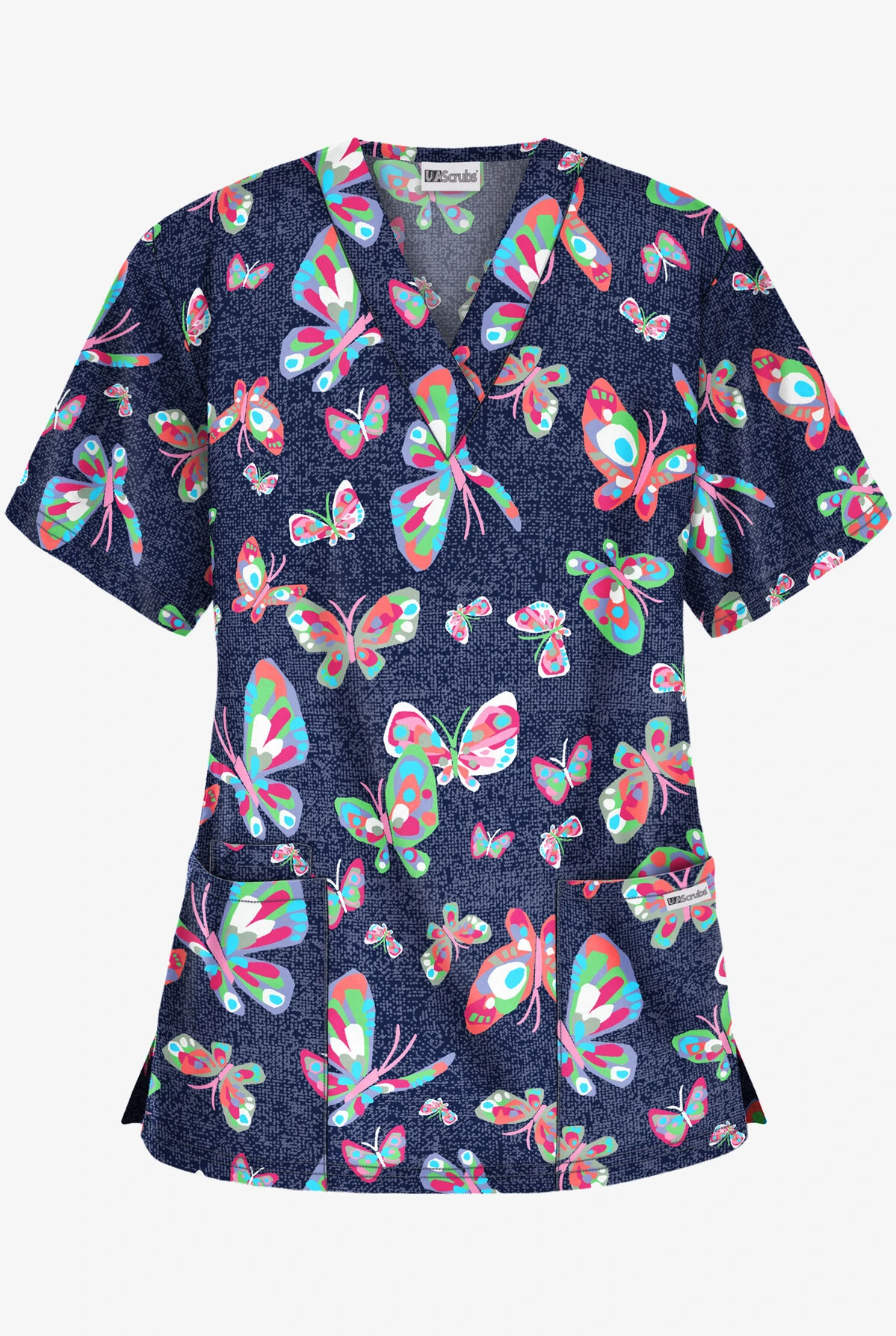 UA Best Buy Butterfly Dance Navy Women's 3-Pocket V-Neck Print Scrub Top 1 UA Best Buy Butterfly Dance Navy Women's 3-Pocket V-Neck Print Scrub Top
