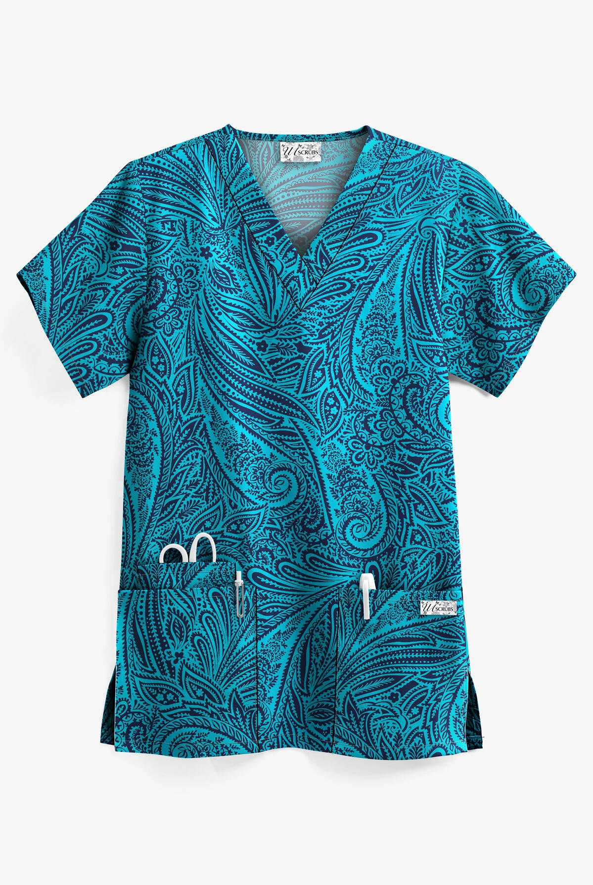 UA Paisley Delight Turquoise Women's 3-Pocket V-Neck Print Scrub Top 1 UA Paisley Delight Turquoise Women's 3-Pocket V-Neck Print Scrub Top