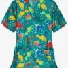 Butter-Soft Colorful Dinos Teal Women's 2-Pocket V-Neck Print Scrub Top