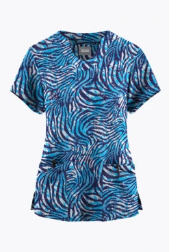 Butter-Soft Originals Abstract Zebra Turquoise Women's 6-Pocket Scallop Neck Printed Scrub Top 