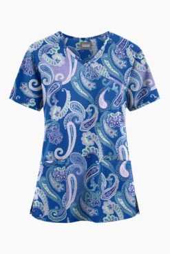 Butter-Soft Originals Kashmir Paisley Women's 3-Pocket Mock Wrap Raglan Sleeve Printed Scrub Top