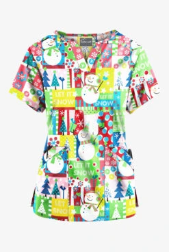 Butter-Soft Joyful Snowman Grass Green Women’s 4-Pocket V Notch-Neck Printed Scrub Top