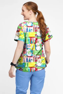Butter-Soft Joyful Snowman Grass Green Women’s 4-Pocket V Notch-Neck Printed Scrub Top -Clinic Love Style TS1531JSGG 3