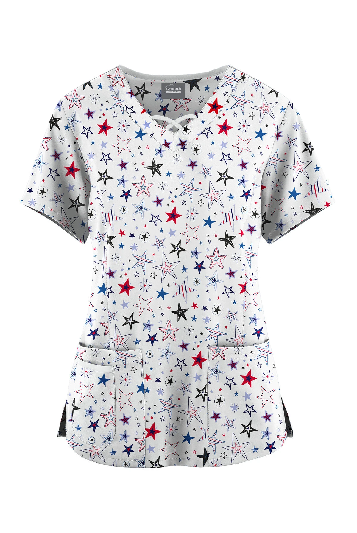 Butter-Soft Originals Summer Starburst Women's 3-Pocket Criss Cross Printed Scrub Top 1 Butter-Soft Originals Summer Starburst Women's 3-Pocket Criss Cross Printed Scrub Top