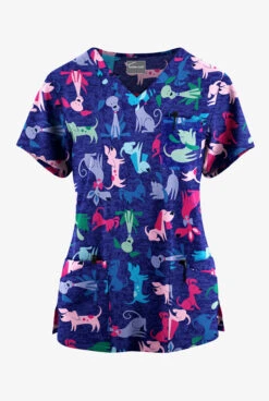 Butter-Soft Originals Paw Friends Navy Women's 7-Pocket Curved V-Neck Printed Scrub Top 