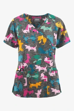 Butter-Soft Originals Paw Friends Pewter Women's 3-Pocket Mock Wrap With Ties Printed Scrub Top 