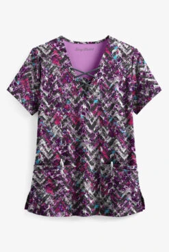 Easy STRETCH By Butter-Soft™ Distressed Chevron Eggplant Women's 4-Pocket V-Neck Print Scrub Top