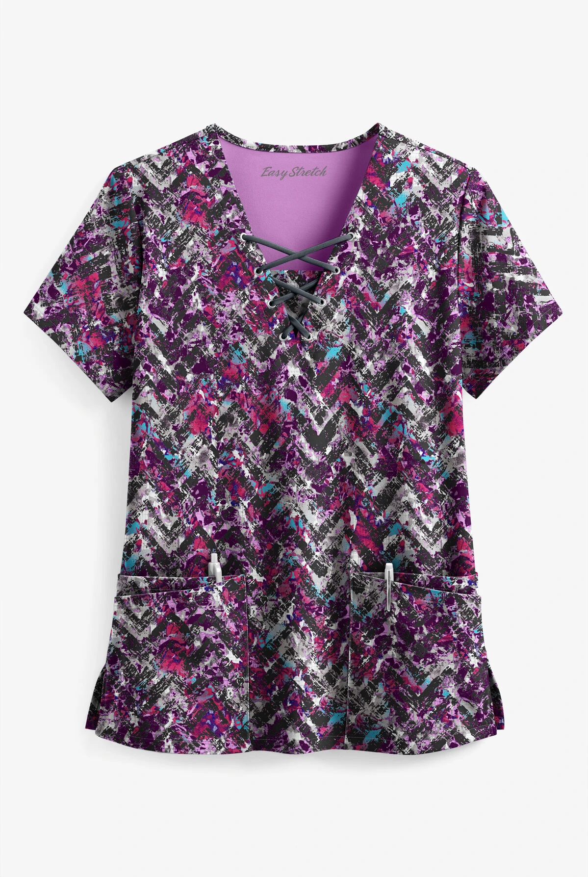 Easy STRETCH By Butter-Soft™ Distressed Chevron Eggplant Women's 4-Pocket V-Neck Print Scrub Top 1 Easy STRETCH By Butter-Soft™ Distressed Chevron Eggplant Women's 4-Pocket V-Neck Print Scrub Top