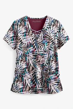 Easy STRETCH By Butter-Soft™ Falling Fronds Onyx Black Printed Women's 4-Pocket V-Neck Scrub Top