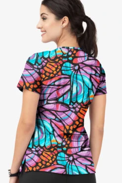 Easy Stretch By Butter-Soft Onyx Butterflies Women's 4-Pocket Lace Up V-Neck Print Scrub Top -Clinic Love Style TS222KBBL 3