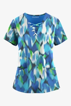 Easy Stretch By Butter-Soft Love Garden Pewter Women's 4-Pocket Lace Up V-Neck Printed Scrub Top