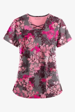 Easy STRETCH By Butter-Soft ™ Medici Floal Greystone Women's 4-Pocket Lace Up V-Neck Print Scrub Top
