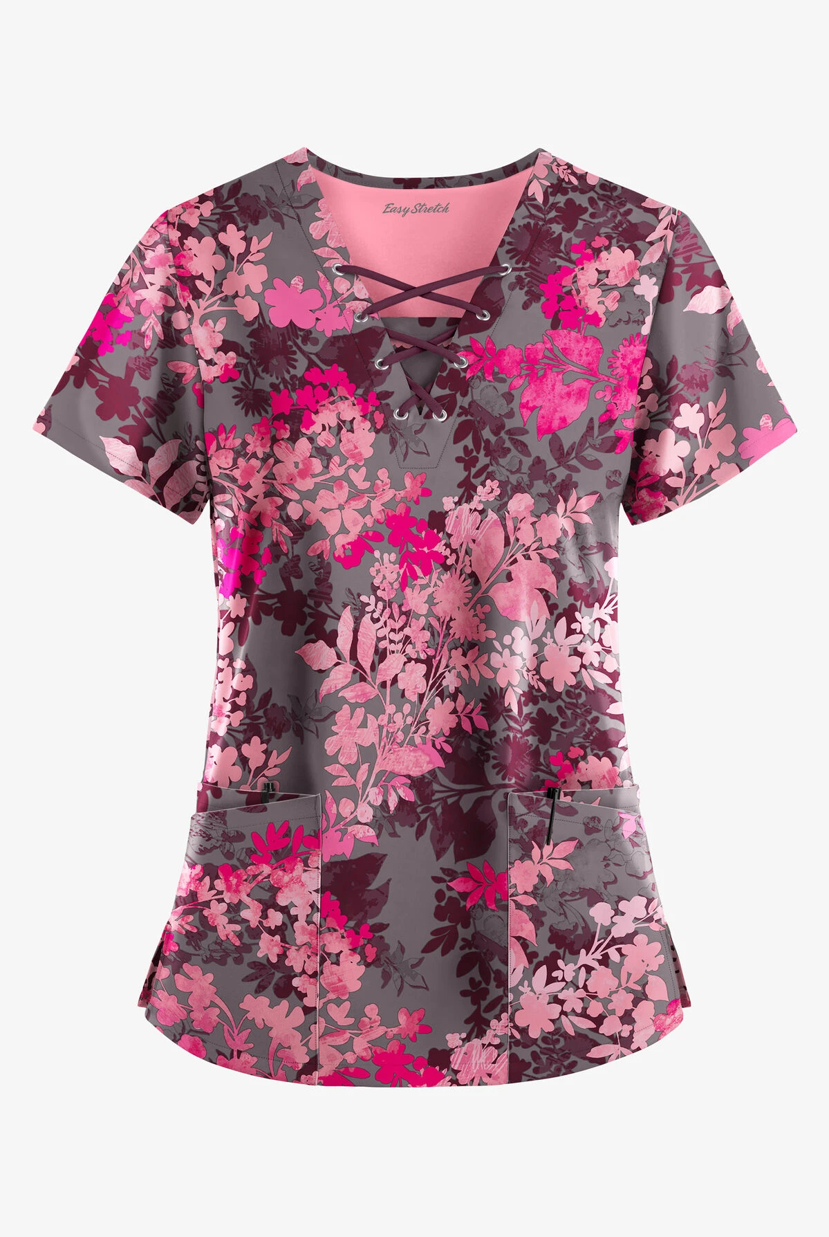 Easy STRETCH By Butter-Soft ™ Medici Floal Greystone Women's 4-Pocket Lace Up V-Neck Print Scrub Top 1 Easy STRETCH By Butter-Soft ™ Medici Floal Greystone Women's 4-Pocket Lace Up V-Neck Print Scrub Top