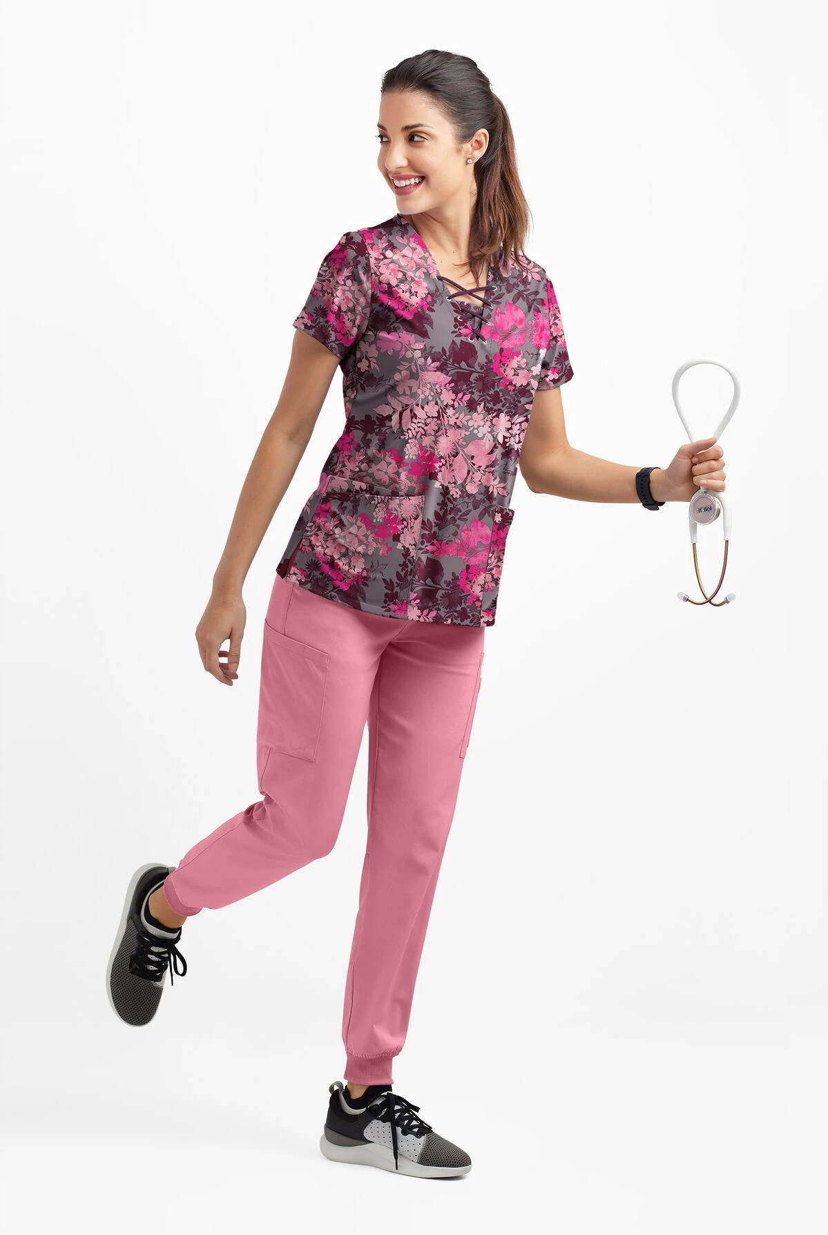 Easy STRETCH By Butter-Soft ™ Medici Floal Greystone Women's 4-Pocket Lace Up V-Neck Print Scrub Top 3 Easy STRETCH By Butter-Soft ™ Medici Floal Greystone Women's 4-Pocket Lace Up V-Neck Print Scrub Top - Image 3