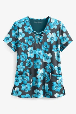Easy STRETCH By Butter-Soft™ Blooming Petals Pewter Women's 4-Pocket Jewel Neck Print Scrub Top