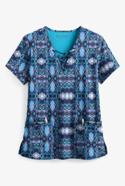 Easy STRETCH By Butter-Soft™ Whispering Ikat Onyx Black Printed Women's 4-Pocket V-Neck Scrub Top