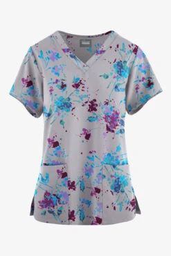 Butter-Soft Originals Floral Splash Silver Women's 4-Pocket Rounded V-Neck Printed Scrub Top