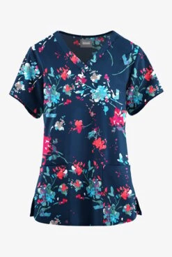Butter-Soft Originals Floral Splash Navy Women's 4-Pocket Rounded V-Neck Printed Scrub Top