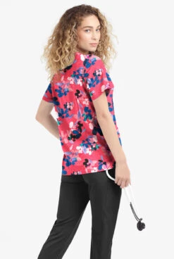 Easy Stretch By Butter-Soft Floral Watermelon Women's 4-Pocket Zip Curved Neck Printed Scrub Top -Clinic Love Style TS4236KFBW 100523 3