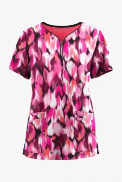 Easy Stretch By Butter-Soft Love Garden Onyx Women's 4-Pocket Zip Curved Neck Printed Scrub Top