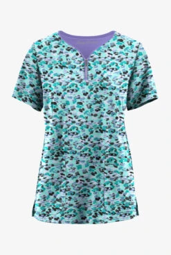 Easy Stretch By Butter-Soft Mystical Animal Women's 4-Pocket Zip Curved Neck Printed Scrub Top