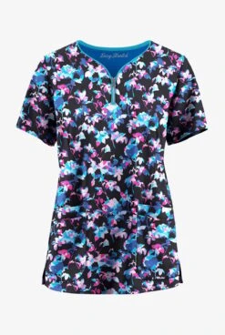 Easy Stretch By Butter-Soft Morning Garden Onyx Women's 4-Pocket Zip Curved Neck Printed Scrub Top