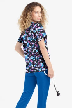 Easy Stretch By Butter-Soft Morning Garden Onyx Women's 4-Pocket Zip Curved Neck Printed Scrub Top -Clinic Love Style TS4236MGBL 3