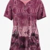 Easy STRETCH By Butter-Soft ™ Wild Border Wine Women's 4-Pocket Zip Curved Neck Printed Scrub Top